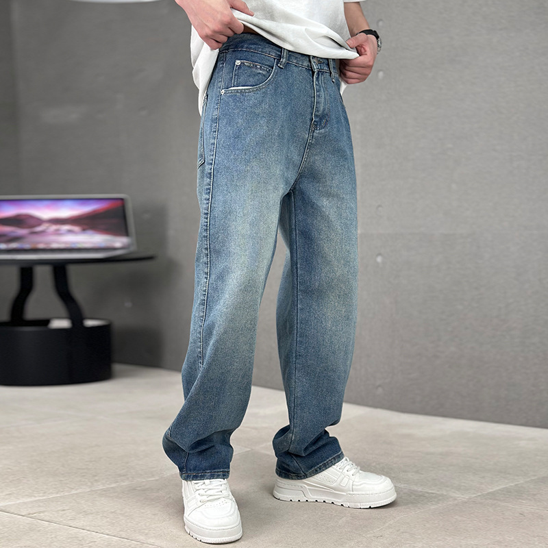 Men’s Wide-Leg Washed Denim Jeans with Five-Pocket Design