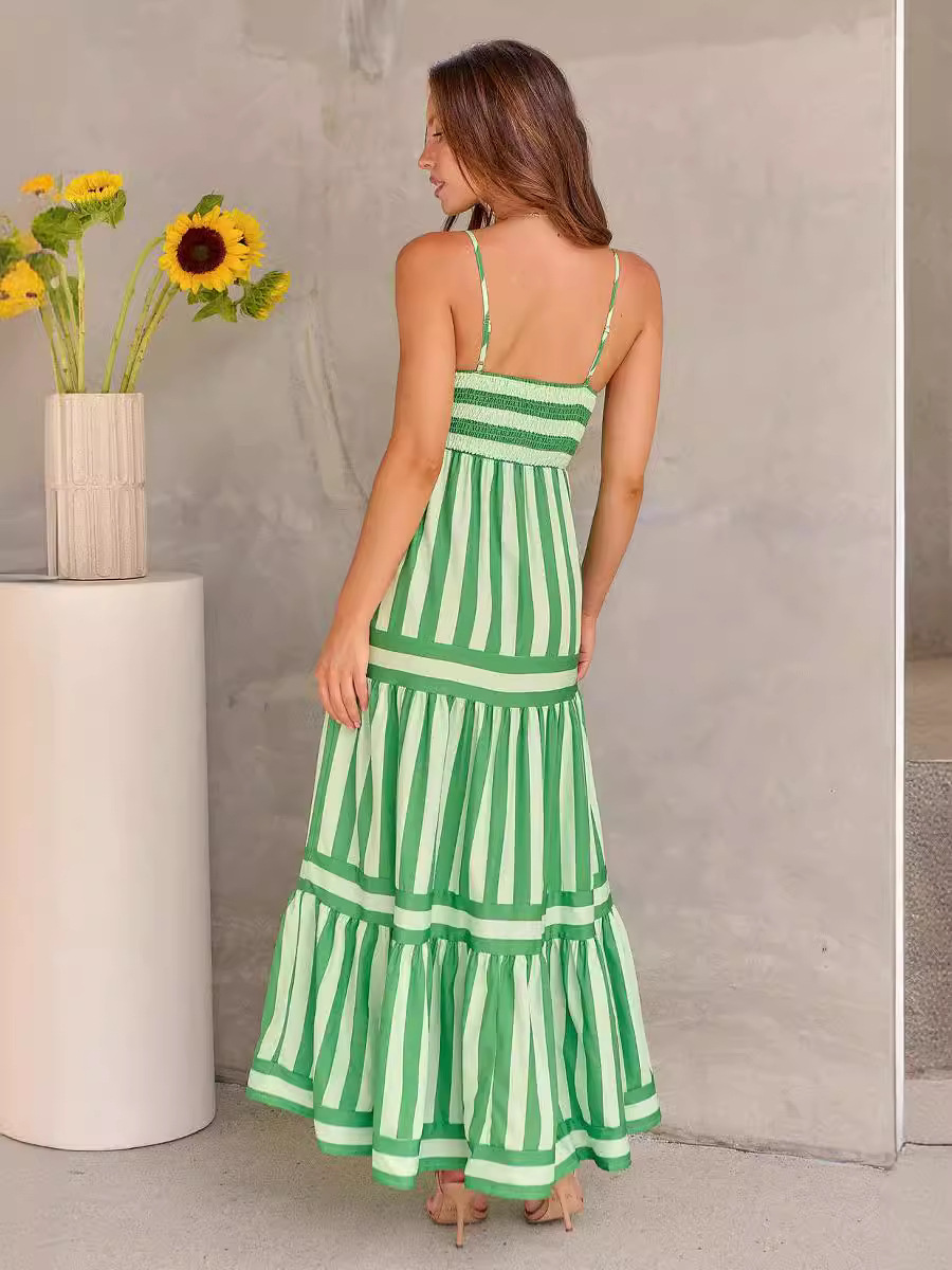 Women's Striped Tiered Maxi Dress with Square Neck and Pockets