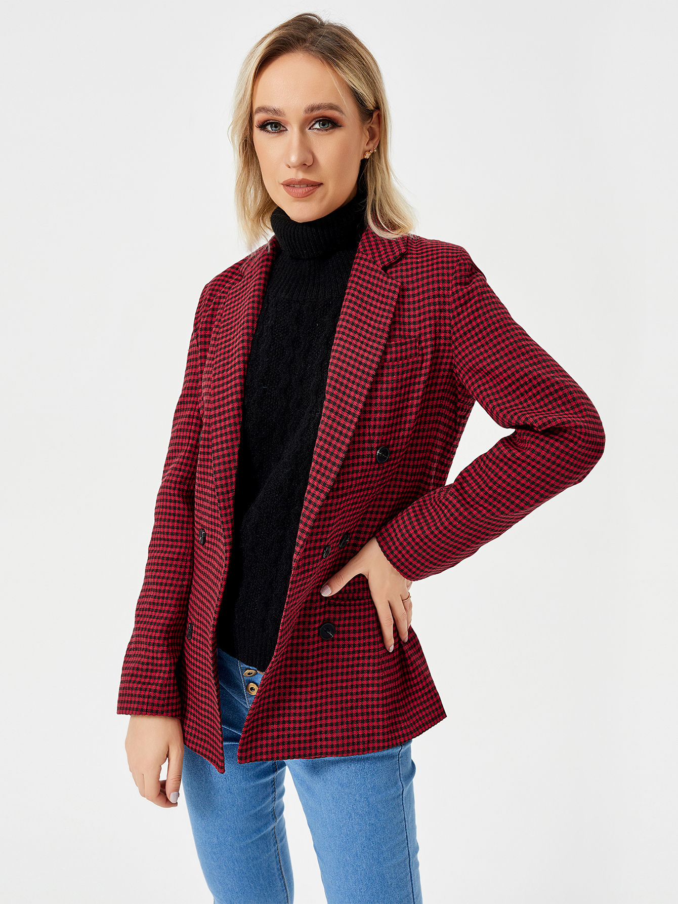 Women's Houndstooth Double-Breasted Lapel Blazer