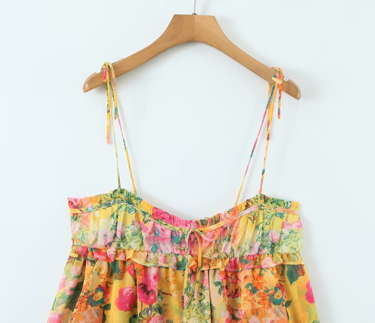 Women's Yellow Floral Print Tie-Shoulder Mini Dress