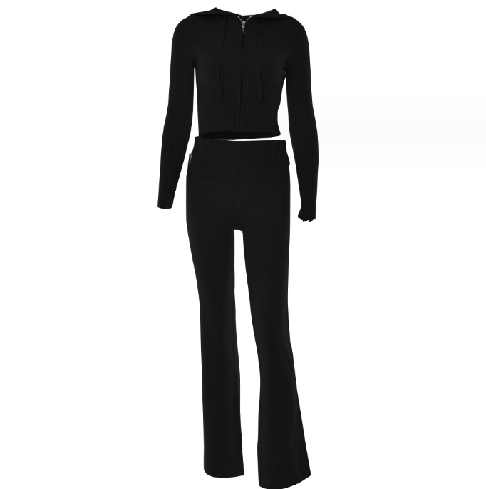 Women's Ribbed Cropped Zip Hoodie and Trousers Co-ord Set