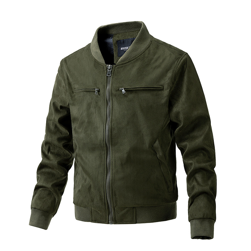 Men’s Suede-Effect Bomber Jacket with Stand Collar and Zip Pockets