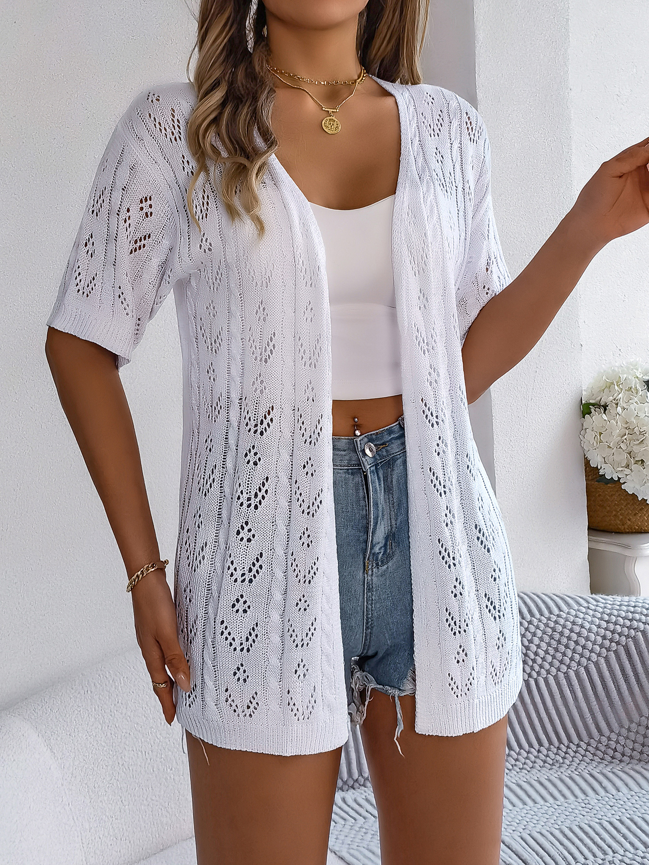 Women S Hollow Out Short Sleeve Knit Cardigan Vacation Cover-up