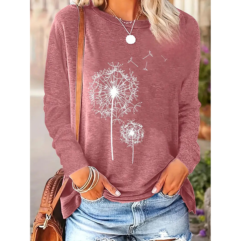 Women's Pink Dandelion Graphic Crewneck Long Sleeve T-Shirt