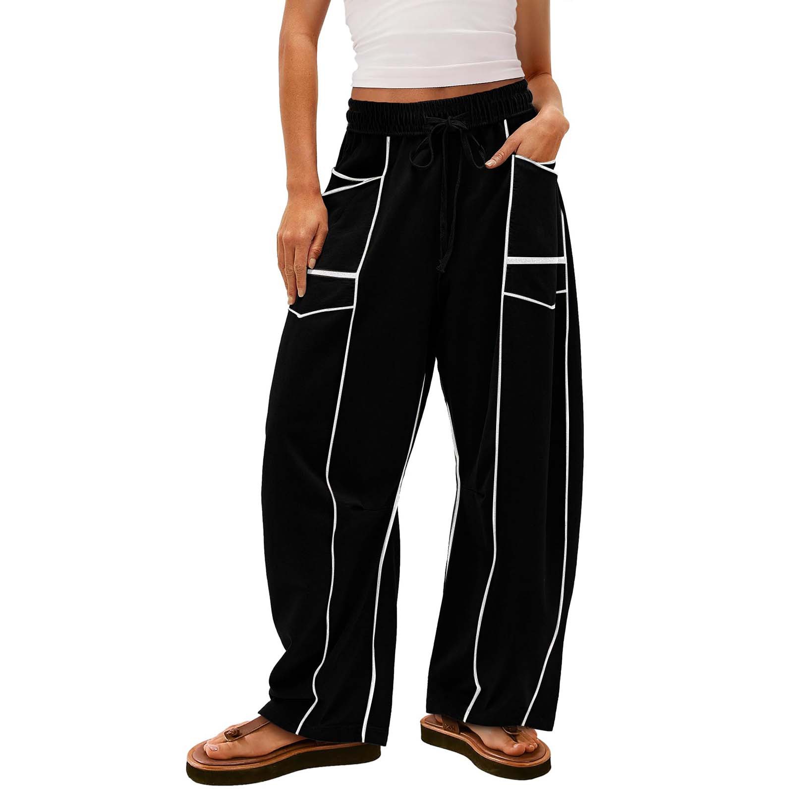 Women's Wide-Leg Cargo Trousers with Contrast Piping and Drawstring Waist