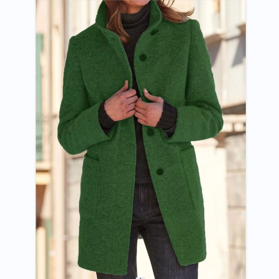 Women's Textured Stand Collar Button Front Coat With Pockets