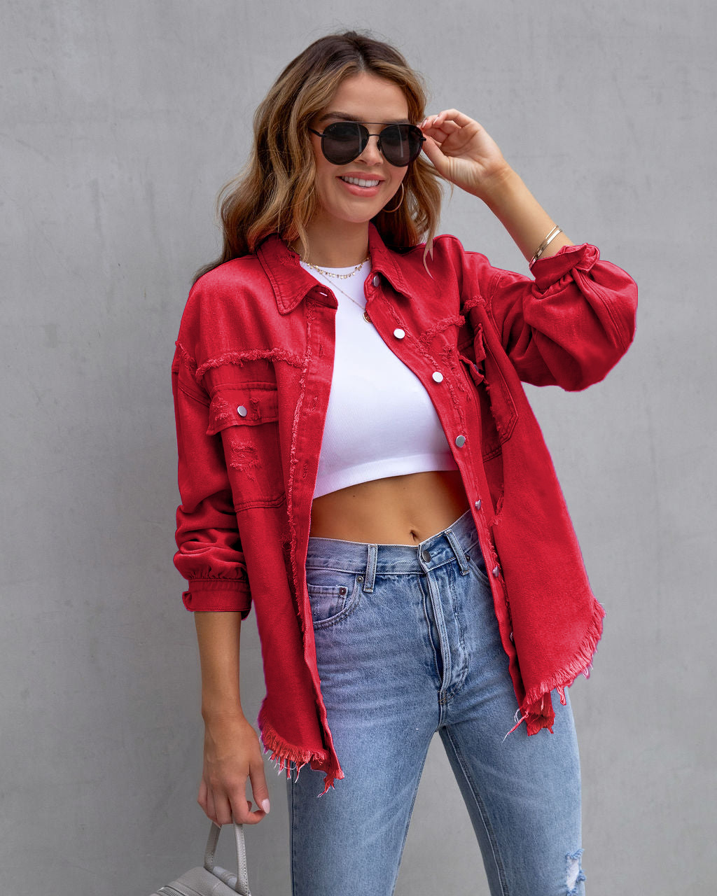 Women's Oversized Distressed Frayed Hem Shirt Jacket
