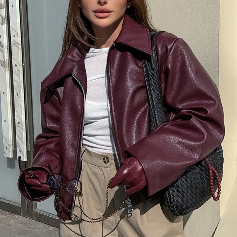 Women's Faux Leather Lapel Zip-Front Jacket