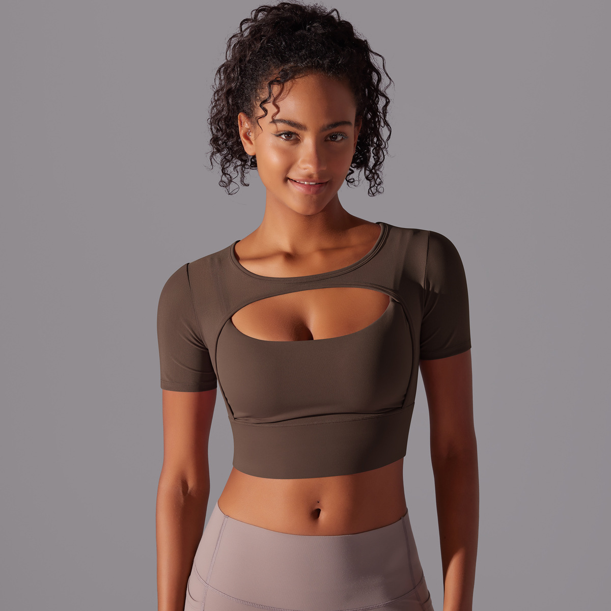 Women’s Double-Layer Short-Sleeve Cutout Crop Top