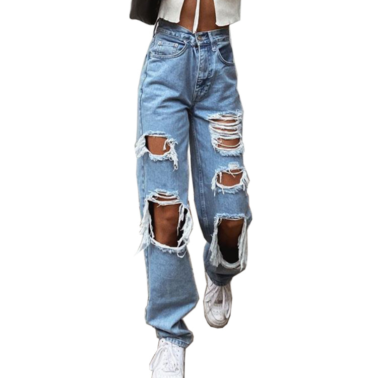 Women's High-Waisted Wide-Leg Distressed Ripped Jeans