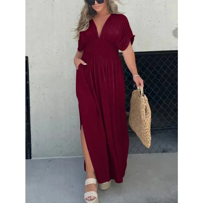 Women’s Shirred Waist V-Neck Side-Slit Maxi Dress