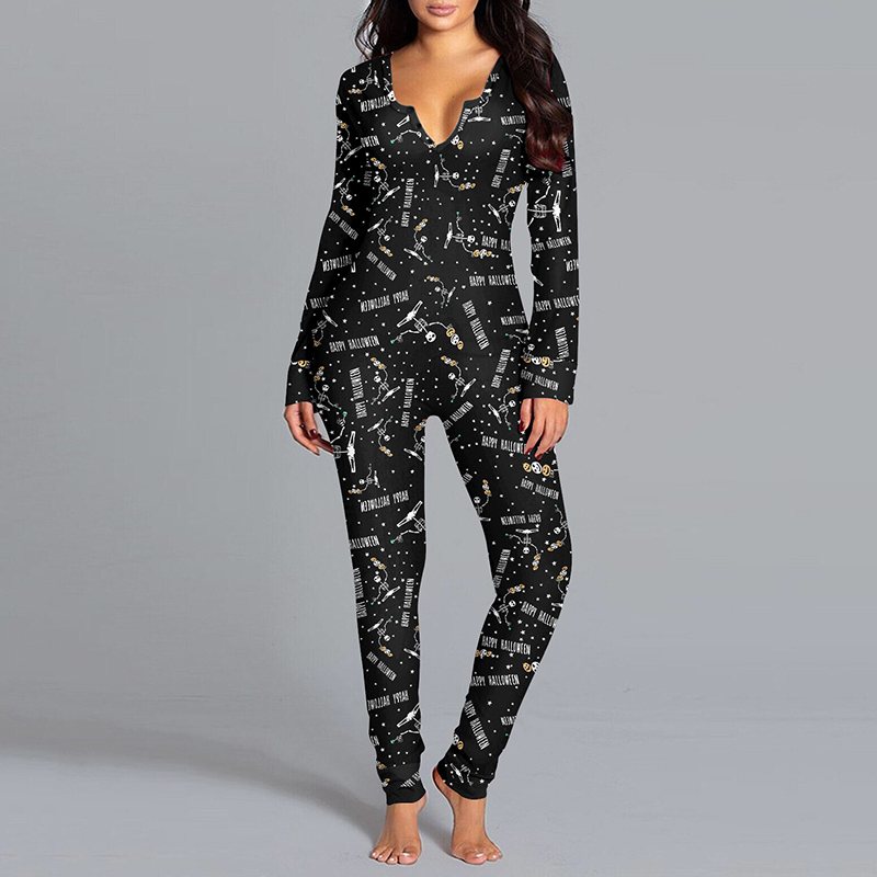 Women's Halloween Long Sleeve V-Neck Jumpsuit Pyjamas