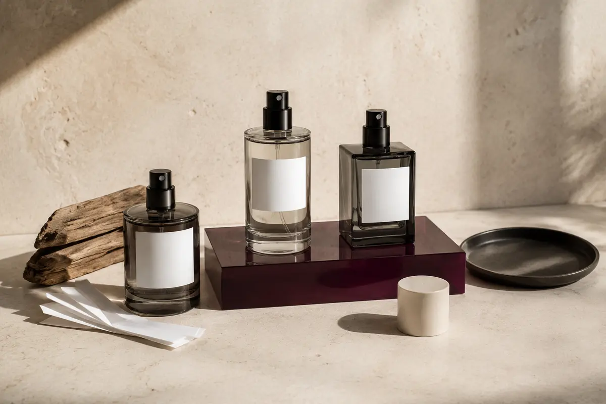 Unbranded glass atomisers arranged with cedar and scent strips on a purple plinth