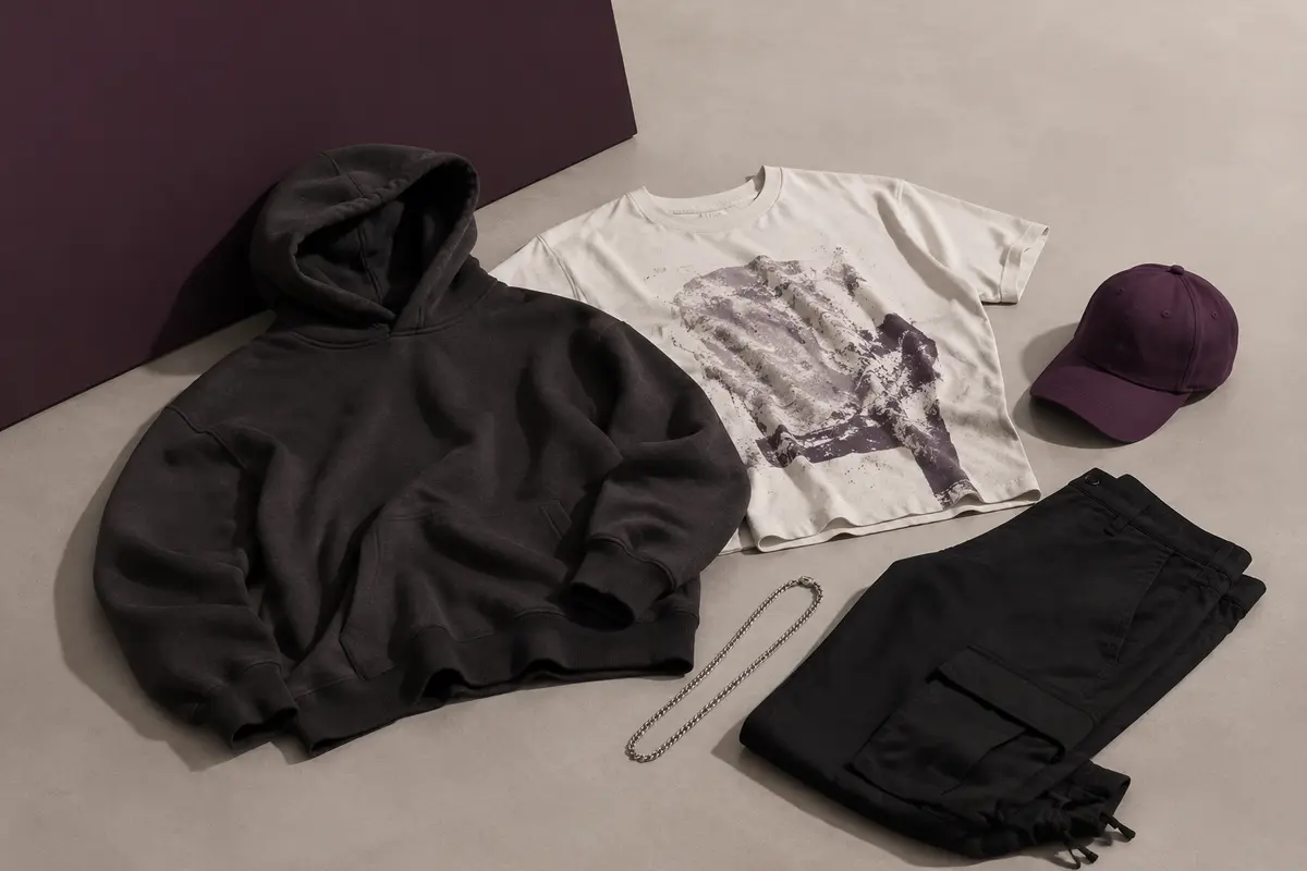 Charcoal hoodie, cream graphic T-shirt, black cargo trousers and purple cap arranged in a studio still life