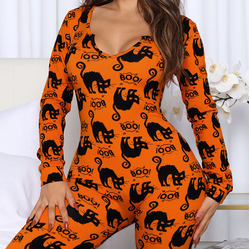 Women's Halloween Long Sleeve V-Neck Jumpsuit Pyjamas