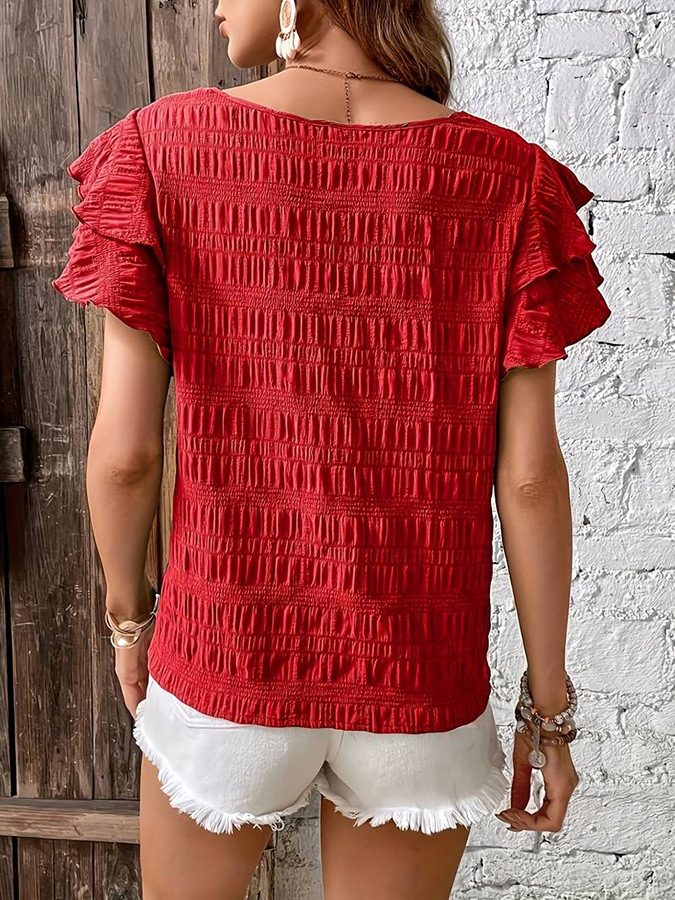 Summer Ruffled Short-sleeved T-shirt Casual Round Neck Pleated Design Top For Women Clothi