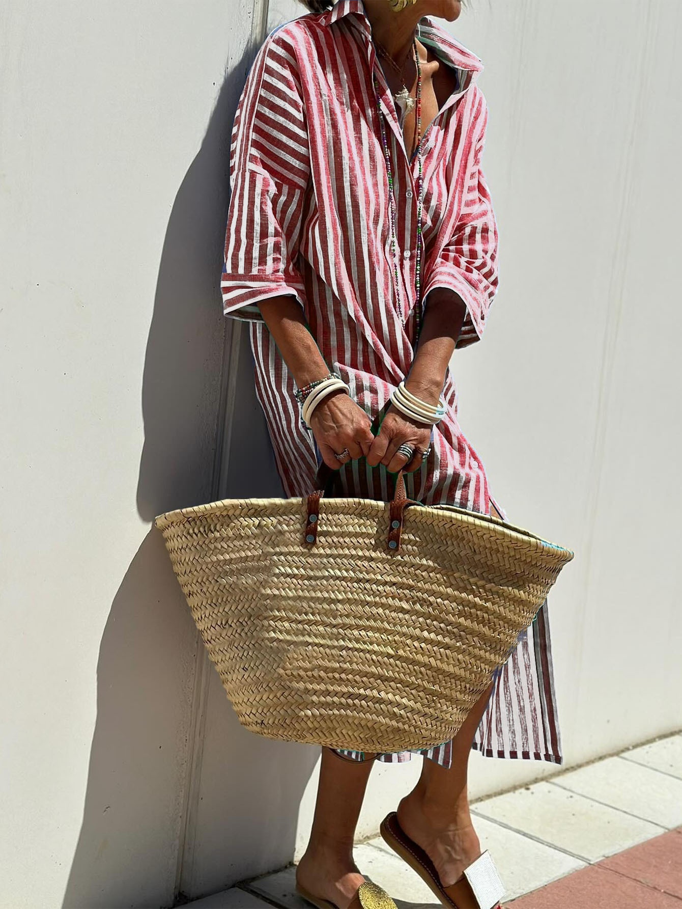 Women's Patterned Shirt Dress with Belt and Button Front