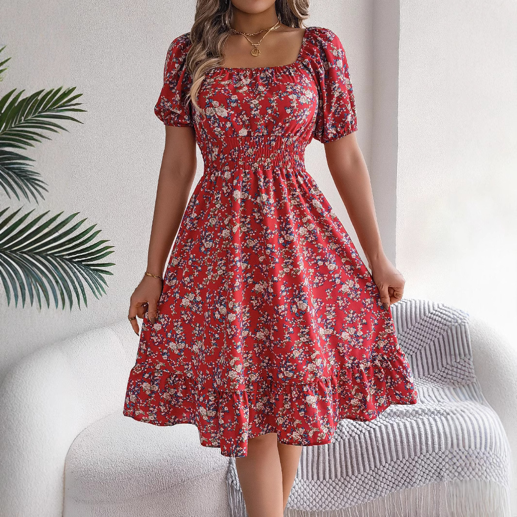 Women's Floral Print Square Neck Smocked Waist Midi Dress