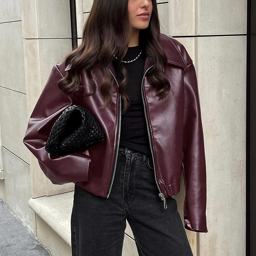 Women's Faux Leather Lapel Zip-Front Jacket