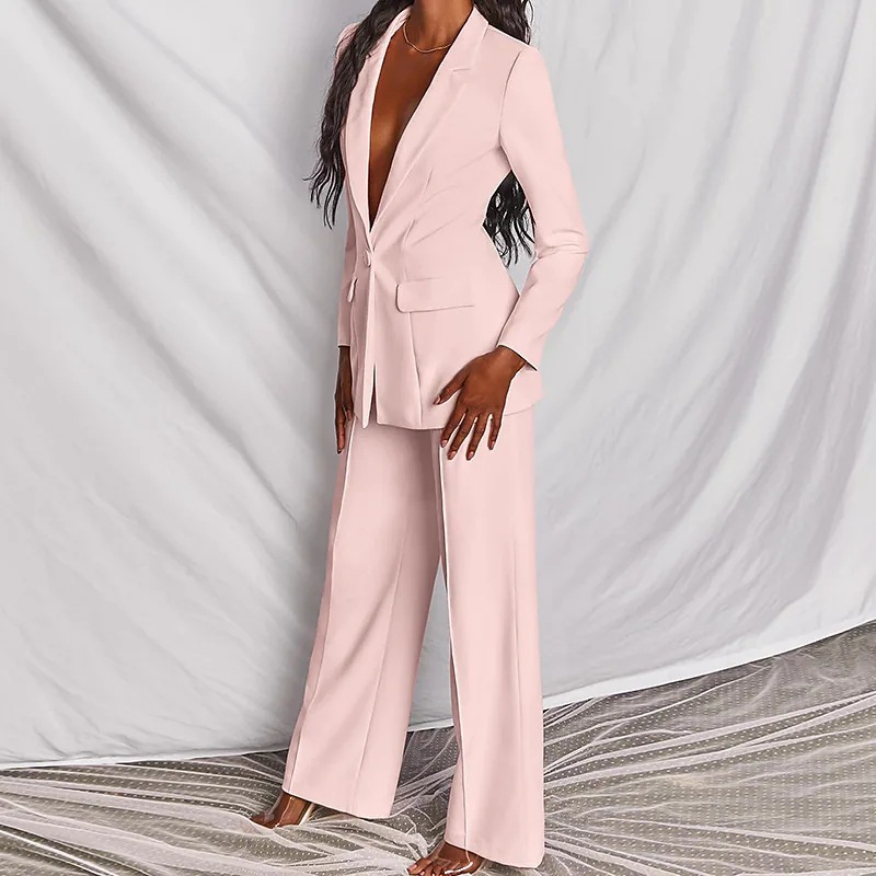 Women’s Tailored Two-Piece Suit Set with Lapels and Wide-Leg Trousers