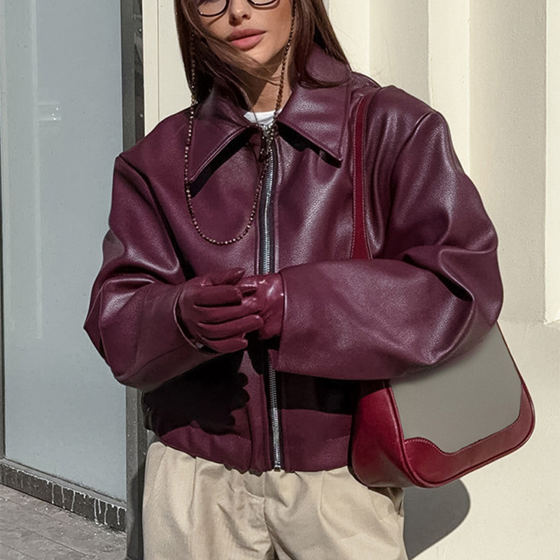 Women's Faux Leather Lapel Zip-Front Jacket