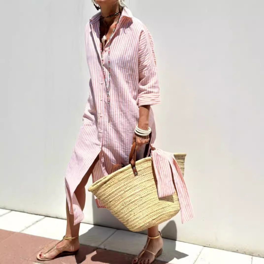 Women's Patterned Shirt Dress with Belt and Button Front
