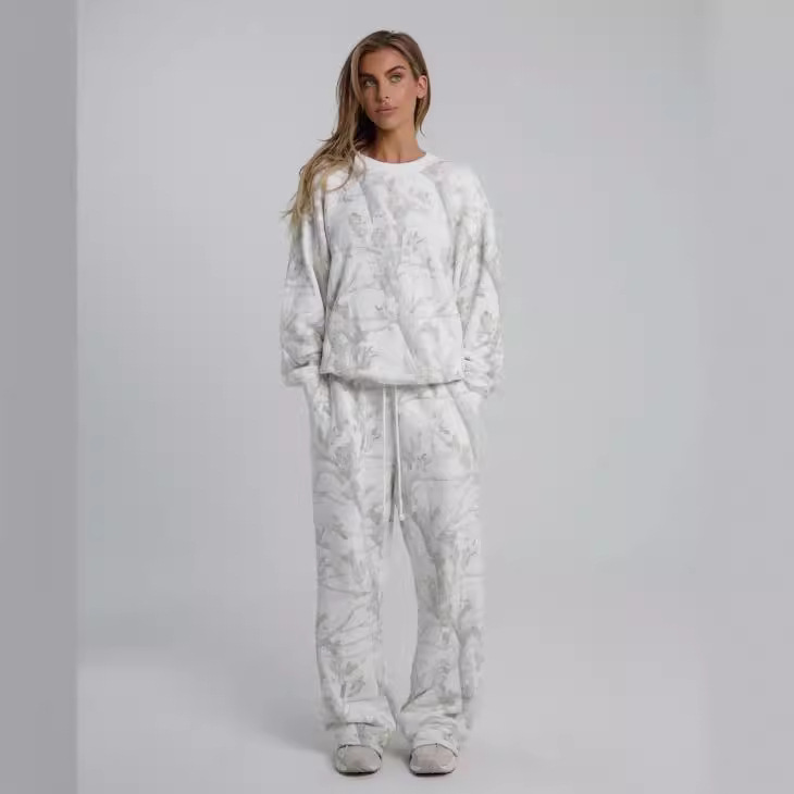 Autumn Winter Two Piece Sets Women Camouflage Hoodie Maple Leaf Print Sweatshirt Suit Spor