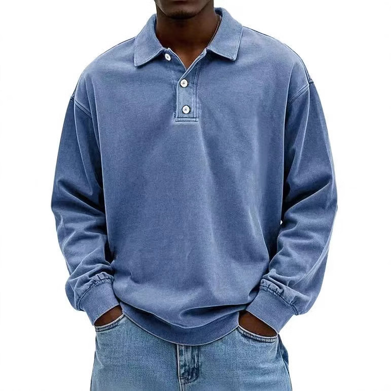 Men’s Long Sleeve Polo Shirt with Button Placket and Ribbed Cuffs