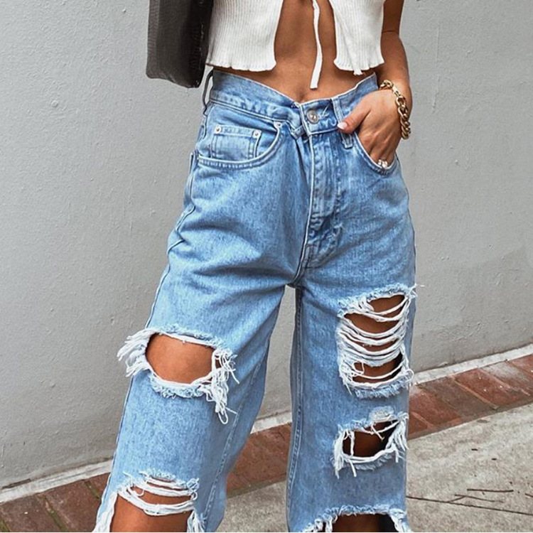 Women's High-Waisted Wide-Leg Distressed Ripped Jeans