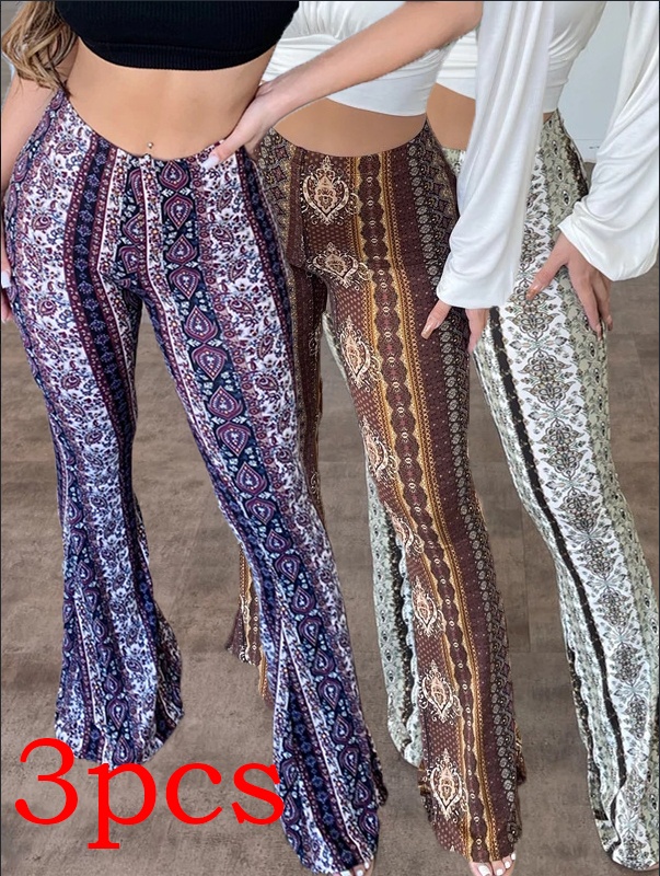 Women’s Printed Low-Rise Flared Trousers with Vertical Pattern