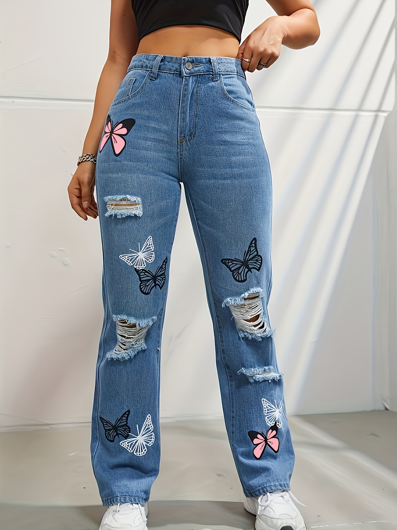 Women's High-Waisted Straight-Leg Butterfly Print Ripped Jeans