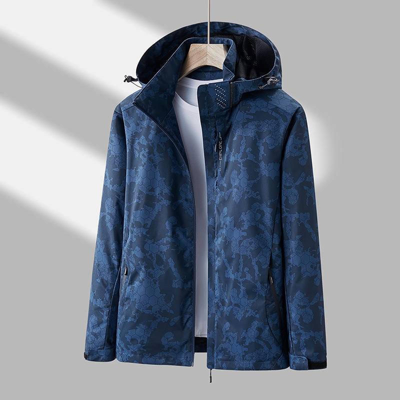 Unisex Hooded Hexagon Print Zip-Up Windbreaker Jacket