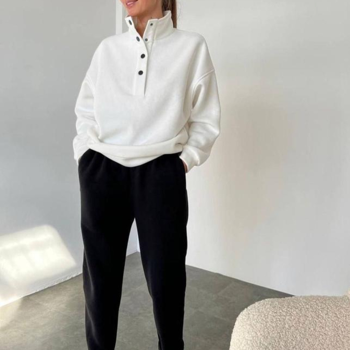 Women's Oversized High Neck Snap Placket Sweatshirt Trousers Set