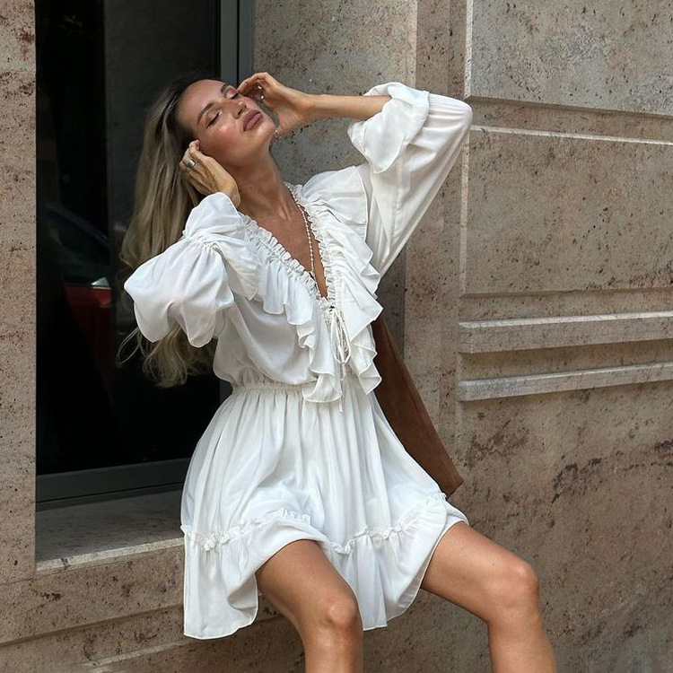Women's V-Neck Ruffle Tiered Mini Dress with Flared Sleeves