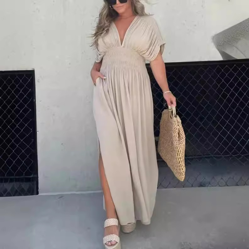 Women’s Shirred Waist V-Neck Side-Slit Maxi Dress