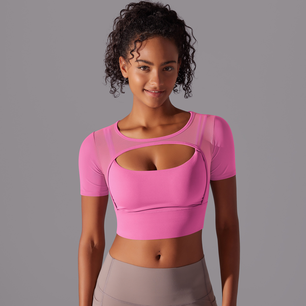 Women’s Double-Layer Short-Sleeve Cutout Crop Top
