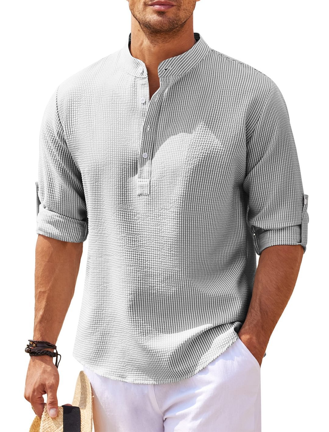 Men's Textured Stand Collar Long Sleeve Shirt