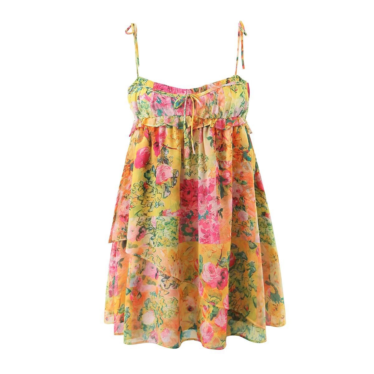 Women's Yellow Floral Print Tie-Shoulder Mini Dress