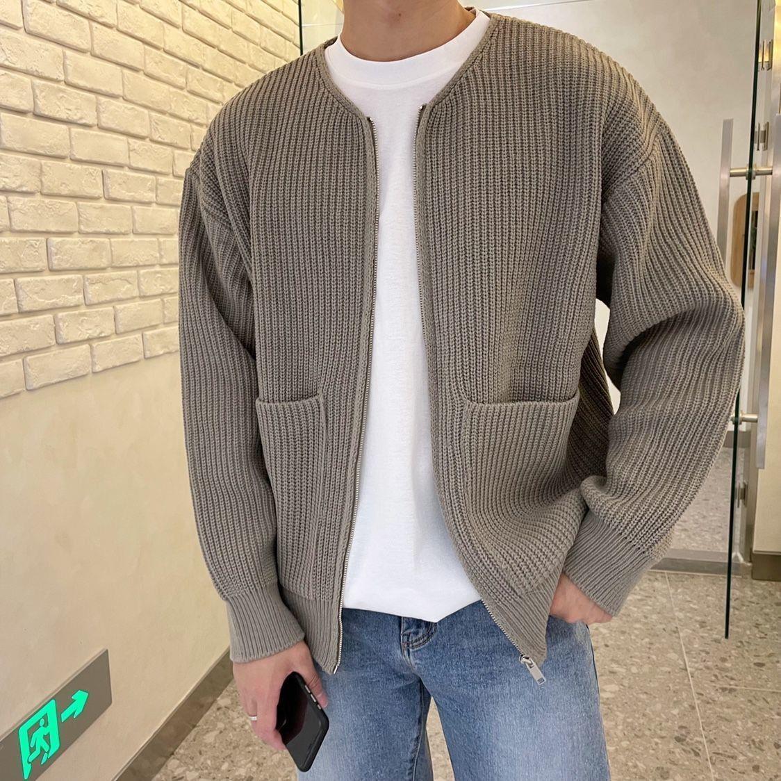 Men Zip Up Knitted Cardigan Lined Funnel Neck Jumper Sweater Pockets Coat All Seasons Comf