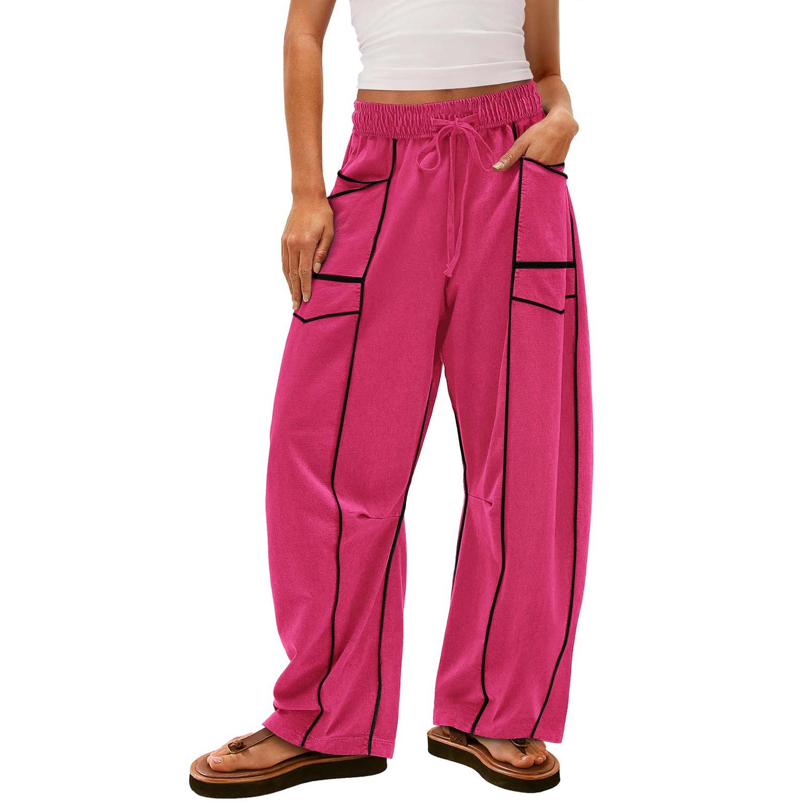 Women's Wide-Leg Cargo Trousers with Contrast Piping and Drawstring Waist