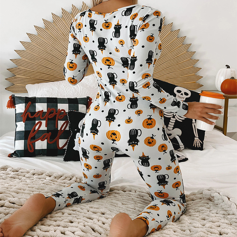 Women's Halloween Long Sleeve V-Neck Jumpsuit Pyjamas