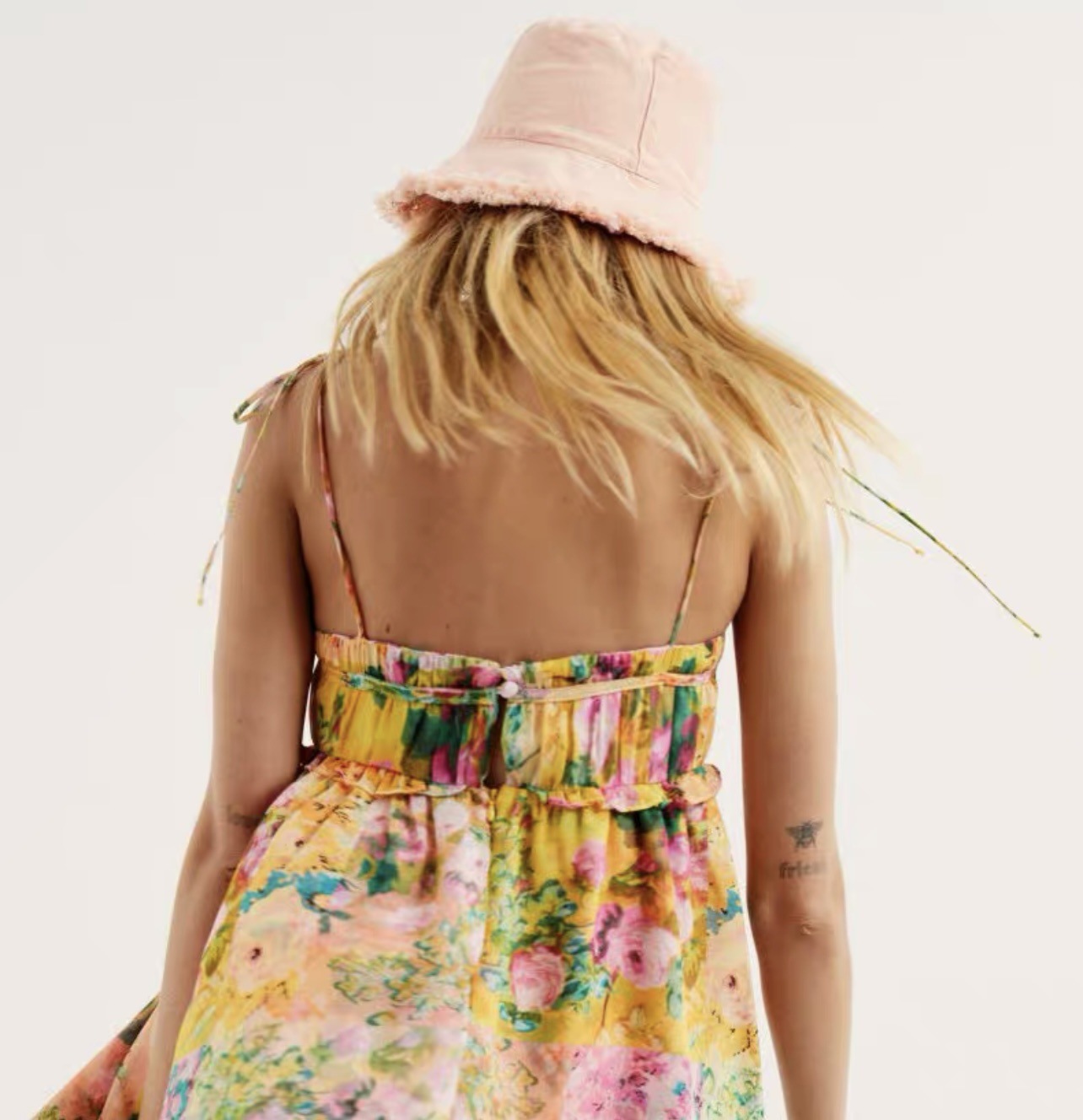 Women's Yellow Floral Print Tie-Shoulder Mini Dress