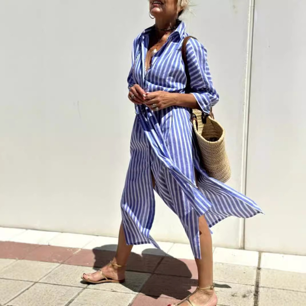 Women's Patterned Shirt Dress with Belt and Button Front