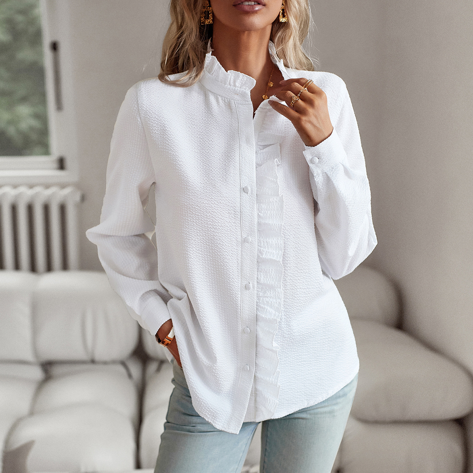 Striped Long Sleeve Shirt Fashion Ruffle Design Button Up Tops Casual Office Blouse Elegan