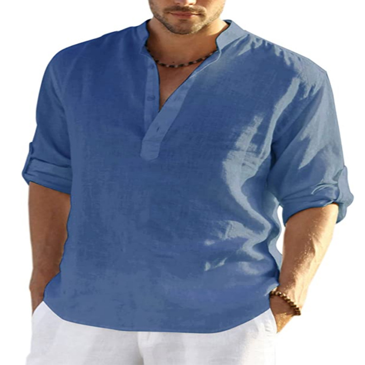 Men’s Stand Collar Roll-Sleeve Henley Shirt