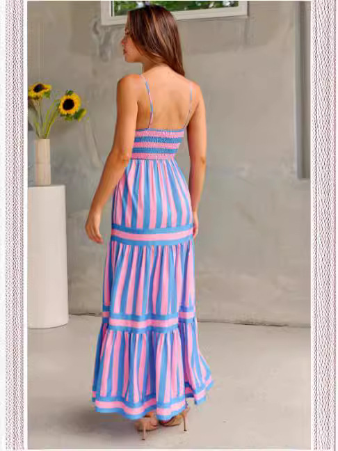 Women's Striped Tiered Maxi Dress with Square Neck and Pockets