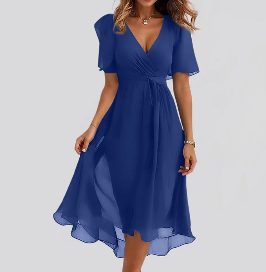 Women's V-Neck Wrap Front Short Sleeve Midi Dress