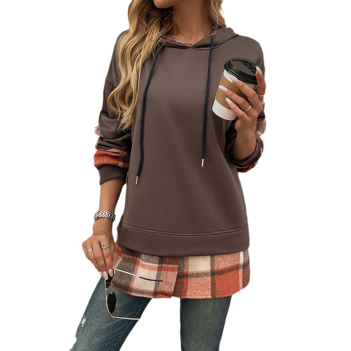 Women’s Oversized Pullover Hoodie with Plaid Sleeve Panels