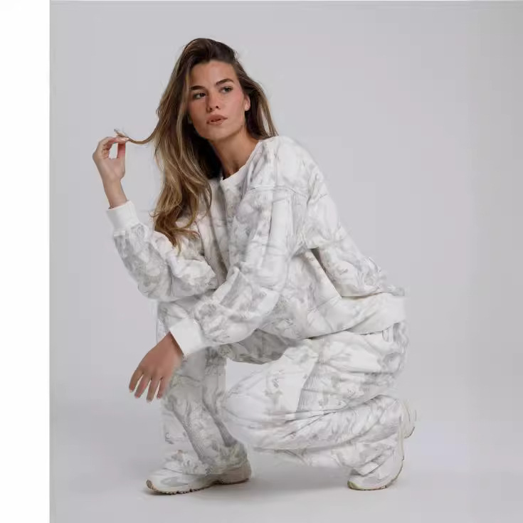 Autumn Winter Two Piece Sets Women Camouflage Hoodie Maple Leaf Print Sweatshirt Suit Spor