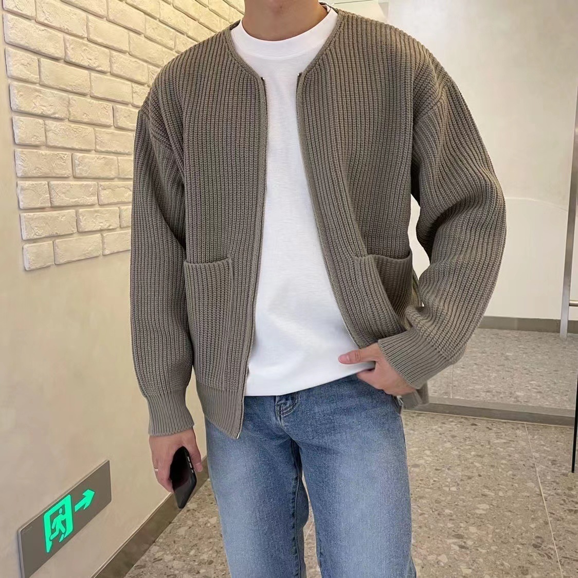 Men Zip Up Knitted Cardigan Lined Funnel Neck Jumper Sweater Pockets Coat All Seasons Comf